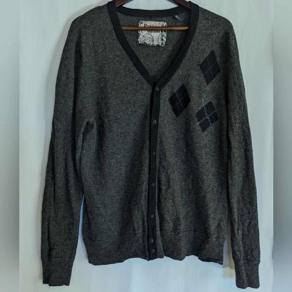 Men's XL Wool Gray Black Cardigan Sweater Public Opinion V-neck Button Down